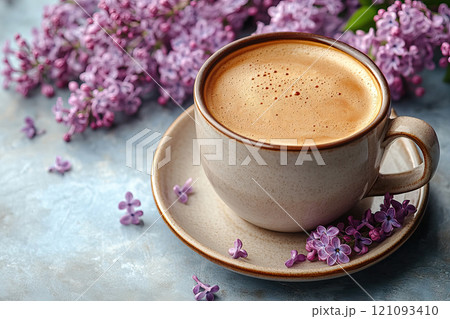 Hot latte coffee and lilac flowers on white stone background. Hot latte coffee and lilac flowers on white stone background. 121093410