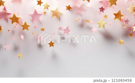 Delicate pastel colored stars dangle from above, creating a whimsical ambiance in a bright and airy environment. The gentle hues evoke a sense of tranquility and wonder. Delicate pastel colored stars dangle from above, creating a whimsical ambiance in a bright and airy environment. The gentle hues evoke a sense of tranquility and wonder. 121093459