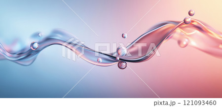 Water waves flow gracefully in a soft gradient of colors, with sparkling droplets suspended in the air. This tranquil display captures the beauty of fluid dynamics and movement. 121093460