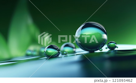 Small water droplets rest on a green surface, creating reflections of the surrounding environment. The background features a lush green ambiance, enhancing the serene atmosphere. Small water droplets rest on a green surface, creating reflections of the surrounding environment. The background features a lush green ambiance, enhancing the serene atmosphere. 121093462