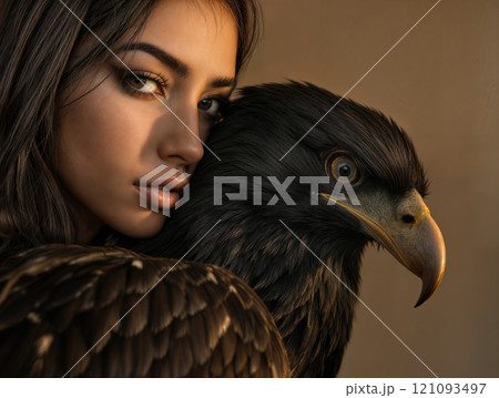 A beauty with an eagle near her face. 121093497