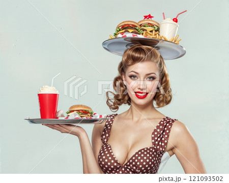 Retro pin-up girl image with a fast food restaurant tray on her head. AI generation 121093502