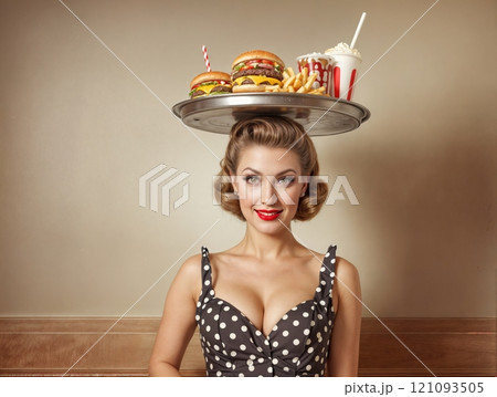 Retro pin-up girl image with a fast food restaurant tray on her head. AI generation 121093505