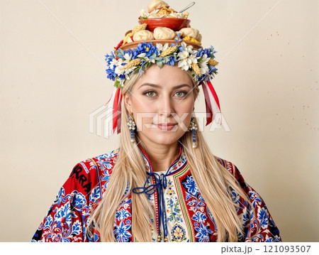 Portrait of a Slavyatka with food on its head. 121093507