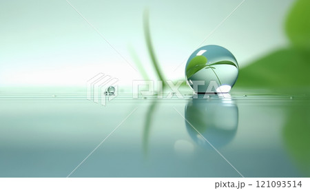 A close up captures a large water droplet resting on a calm surface, with soft green foliage in the background creating a tranquil atmosphere and gentle reflections. 121093514
