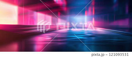 Colorful light beams reflect off a smooth floor in a dim environment, creating an energetic atmosphere. The interplay of pink, purple, and blue hues suggests movement and depth. 121093531