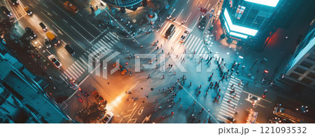 Crowds gather at a bustling intersection under bright lights in a vibrant city at night. Vehicles move along the roads as the city remains alive with activity and energy. 121093532