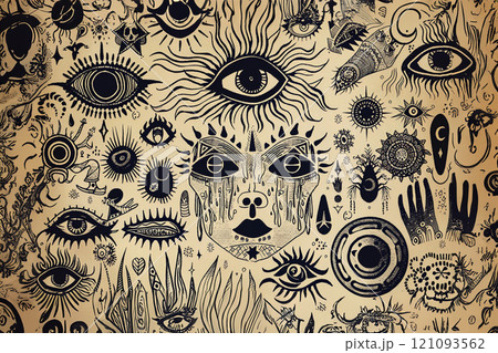 Golden mystery, witchcraft, occult, alchemy, mystical esoteric symbols.  Golden mystery, witchcraft, occult, alchemy, mystical esoteric symbols.  121093562