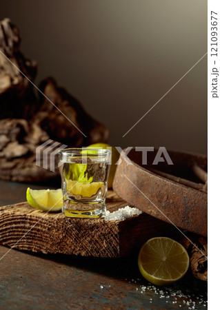 Tequila with salt and lime slices on a wooden board. 121093677