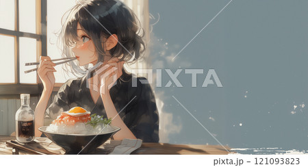 朝ごはんを食べる女性。水彩画。イラスト。 121093823