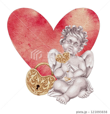 Cupid, big pink heart and Gold retro lock and key heart shaped with vintage patterns on white. For Wedding Cards, Valentine's Day, Birthday, Holidays, Invitations.  Cupid, big pink heart and Gold retro lock and key heart shaped with vintage patterns on white. For Wedding Cards, Valentine's Day, Birthday, Holidays, Invitations.  121093838