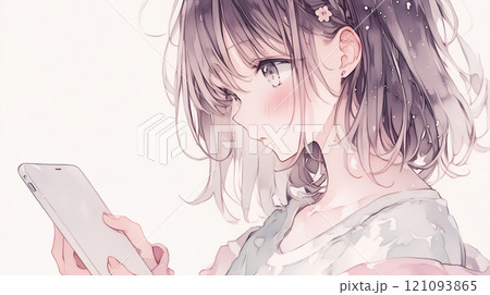 物思いにふける女性。水彩画。イラスト。 121093865