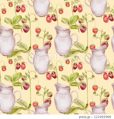 Farm ripe wild strawberries brach and white jug seamless pattern on yellow. Watercolor illustration in kids style for textile, decoration dishes, labels for juice, jam, children parties, birthday. 121093906