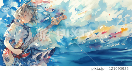 ベースをかき鳴らす少女。水彩画イラスト 121093923