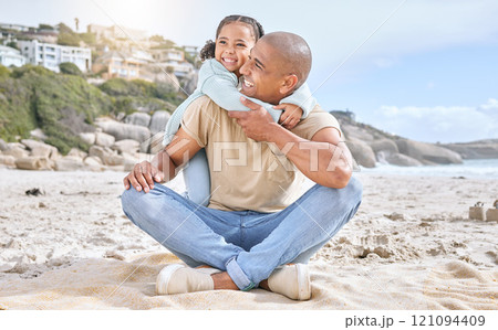 Shot of adorable little cheerful girl hugging her father from behind while bonding together at the beach. Carefree dad having fun with playful daughter during summer seaside vacation on the shore Shot of adorable little cheerful girl hugging her father from behind while bonding together at the beach. Carefree dad having fun with playful daughter during summer seaside vacation on the shore 121094409