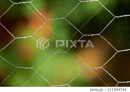 Closeup of a mesh metal fence with blur garden in the background. Details of a steel iron gate around a park. Mesh metal fence surrounded by green tree leaves. Plain twisted wire pattern and texture 121094592