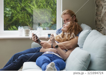 Sofa, couple and smile with tablet for credit card, digital banking and success for payment at home. Happy people, man and woman with debit for transaction, online shopping and sales for black friday Sofa, couple and smile with tablet for credit card, digital banking and success for payment at home. Happy people, man and woman with debit for transaction, online shopping and sales for black friday 121094724