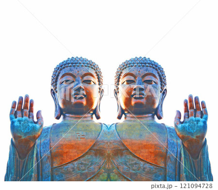 Background. Buddhist god in an Abhaya mudra. An oxidized ancient statue of Lord Buddha with effect. Buddha figure holding up a right hand, a symbol of fearlessness and reassurance in a mirror effect. 121094728