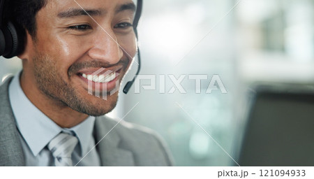 Man, call center and smile with computer, headset and customer service with reading in modern office. Person, consultant or agent with microphone, happy and voip connection for support at help desk Man, call center and smile with computer, headset and customer service with reading in modern office. Person, consultant or agent with microphone, happy and voip connection for support at help desk 121094933