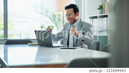 Man, laptop and celebrate office success or victory, promotion email and salary increase news. Male person, professional achievement and online for triumph, fist cheering and winning competition 121094943