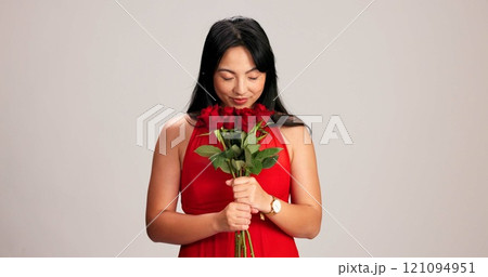 Woman, studio background and smelling roses for love, care and valentines day celebration in Japan. Japanese person, romance and eyes closed in red dress with bouquet of flower as anniversary gift Woman, studio background and smelling roses for love, care and valentines day celebration in Japan. Japanese person, romance and eyes closed in red dress with bouquet of flower as anniversary gift 121094951