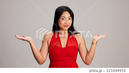 Choice, mockup and offer with portrait of woman in studio on white background for decision or promotion. Comparison, versus info or selection and Asian person with space for advertising or marketing Choice, mockup and offer with portrait of woman in studio on white background for decision or promotion. Comparison, versus info or selection and Asian person with space for advertising or marketing 121094958