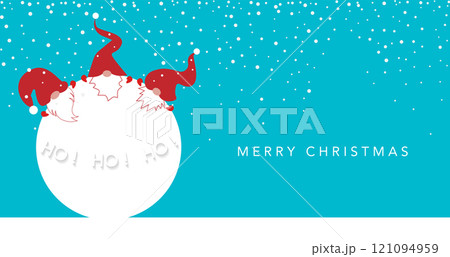 Festive Christmas banner with big snowball and set Scandinavian nordic gnome, cute Christmas Santa Hat Gnomes, Ho Ho Ho Elf. Blue background and snowing with copy space. Vector Xmas card 121094959