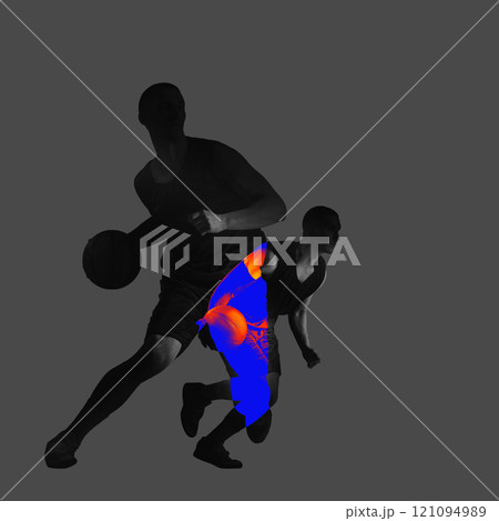 Silhouette of basketball player captured mid-game, highlighted with bright orange and blue gradients on grey background. Contemporary art collage. Silhouette of basketball player captured mid-game, highlighted with bright orange and blue gradients on grey background. Contemporary art collage. 121094989