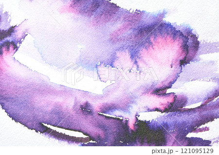 Abstract purple and pink watercolor brush strokes on textured paper 121095129