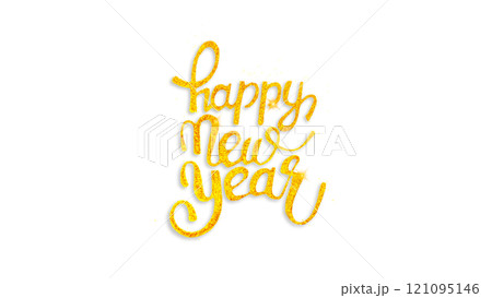Happy New Year hand drawn lettering calligraphy from glitter isolated on white background. for invitation, card, decoration design close up 121095146