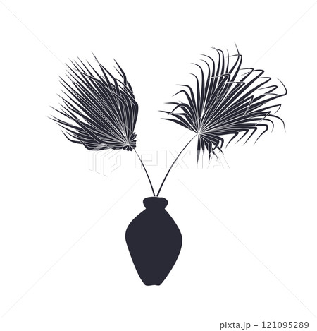 Black linocut silhouette of windmill palm in vase 121095289