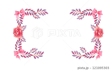 Watercolor rectangle frame of roses, pink bows and pink - violet brunches 121095303