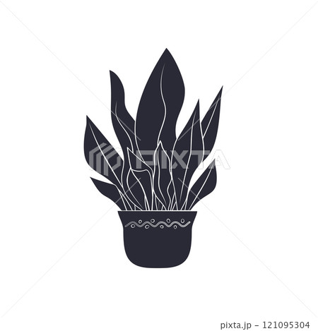 Black linocut silhouette of potted houseplant aspidistra Black linocut silhouette of potted houseplant aspidistra 121095304