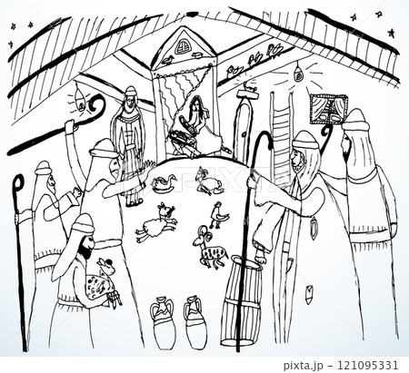 Vector drawing. Men greeting Mary in the barn Vector drawing. Men greeting Mary in the barn 121095331