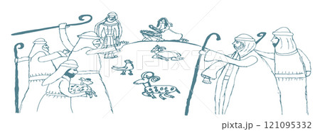 Vector drawing. Men greeting Mary in the barn Vector drawing. Men greeting Mary in the barn 121095332