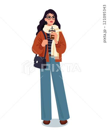 A flat vector illustration of a fashionable young woman standing confidently while holding a coffee cup. She is dressed in a cozy casual outfit, featuring a scarf, oversized jacket, and flared jeans A flat vector illustration of a fashionable young woman standing confidently while holding a coffee cup. She is dressed in a cozy casual outfit, featuring a scarf, oversized jacket, and flared jeans 121095343