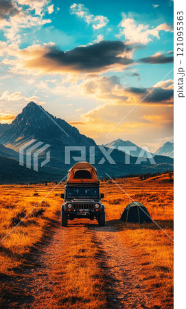 The rugged off-road vehicle maneuvers through the arid desert terrain, carrying luggage atop while stirring up dust trails beneath a dramatic sky filled with rolling clouds 121095363