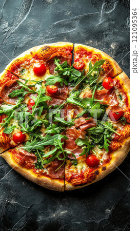 This freshly baked pizza features savory prosciutto and vibrant arugula, presented in an elegant style that highlights fine dining and gourmet ingredients 121095364