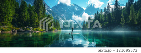 A picturesque hidden lake reveals a man sailing on a SUP board, surrounded by vibrant wildflowers and steep cliffs, while the crystal clear water reflects the morning mist, banner A picturesque hidden lake reveals a man sailing on a SUP board, surrounded by vibrant wildflowers and steep cliffs, while the crystal clear water reflects the morning mist, banner 121095372