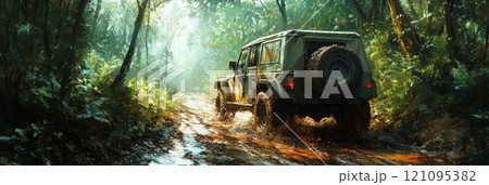A thrilling overland expedition unfolds as the vehicle maneuvers through a muddy trail in a dense forest, flanked by towering trees and vibrant green foliage, banner 121095382