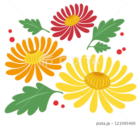 シンプルな菊の花と葉っぱのカットイラストアイコン 121095400