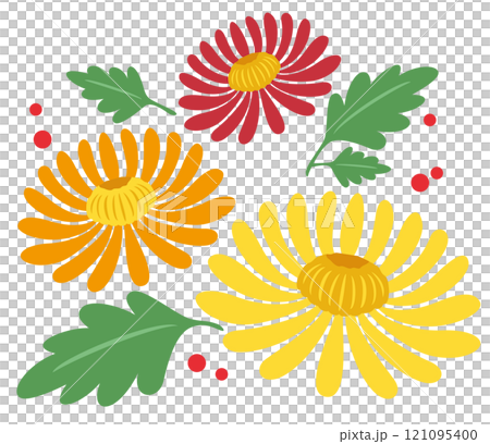 シンプルな菊の花と葉っぱのカットイラストアイコン 121095400