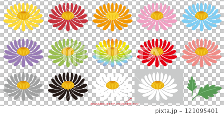 シンプルな菊の花と葉っぱのカットイラストアイコンのカラバリセット 121095401