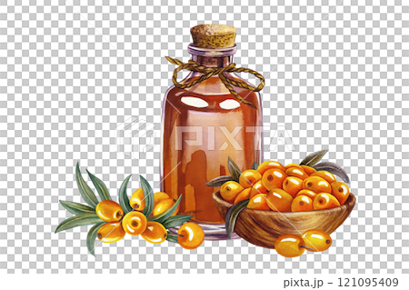 Sea buckthorn in a wooden bowl and sea buckthorn oil in a vintage glass bottle. A hand-drawn watercolor illustration. For cosmetology and pharmaceuticals. For the design of packaging, labels, flyers. Sea buckthorn in a wooden bowl and sea buckthorn oil in a vintage glass bottle. A hand-drawn watercolor illustration. For cosmetology and pharmaceuticals. For the design of packaging, labels, flyers. 121095409