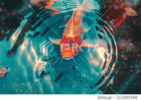 Serene and vibrant, this koi fish glides through calming blue waters 121095466