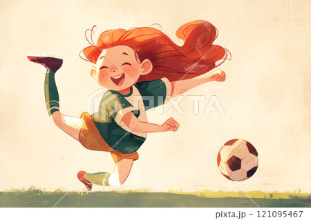 Energetic illustration of a joyful child playing soccer, kicking the ball with excitement and delight 121095467