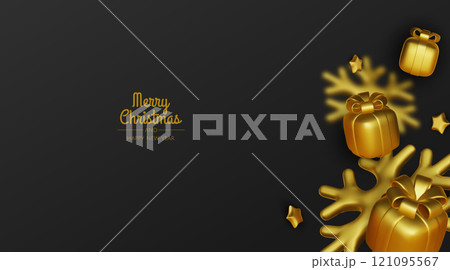 Happy New Year and Merry Christmas. Christmas holiday background with realistic 3d objects, violet and white bauble balls, conical metal stars, gift. Levitation falling design composition. 121095567