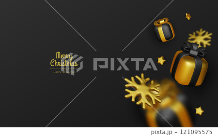 Happy New Year and Merry Christmas. Christmas holiday background with realistic 3d objects, violet and white bauble balls, conical metal stars, gift. Levitation falling design composition. Happy New Year and Merry Christmas. Christmas holiday background with realistic 3d objects, violet and white bauble balls, conical metal stars, gift. Levitation falling design composition. 121095575