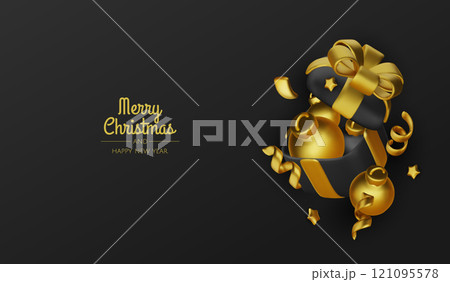 Christmas gifts box realistic 3d design. Xmas composition falling open pink gift boxes with festive decorative objects, balls bauble. Happy new year holiday background. Vector illustration 121095578