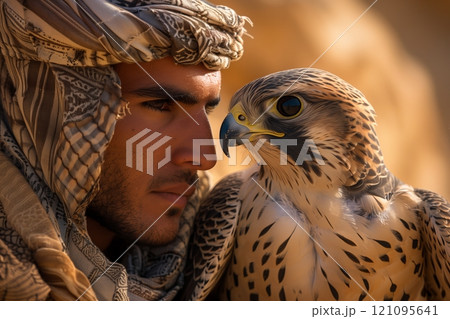 A close bond between a man and a falcon in a desert setting, showcasing tradition. A close bond between a man and a falcon in a desert setting, showcasing tradition. 121095641